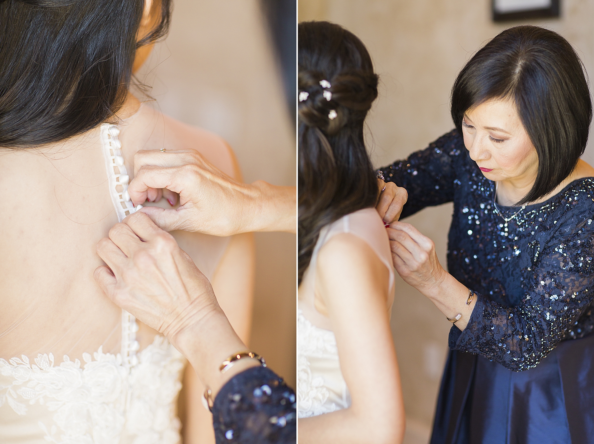 mother putting on bride's dress