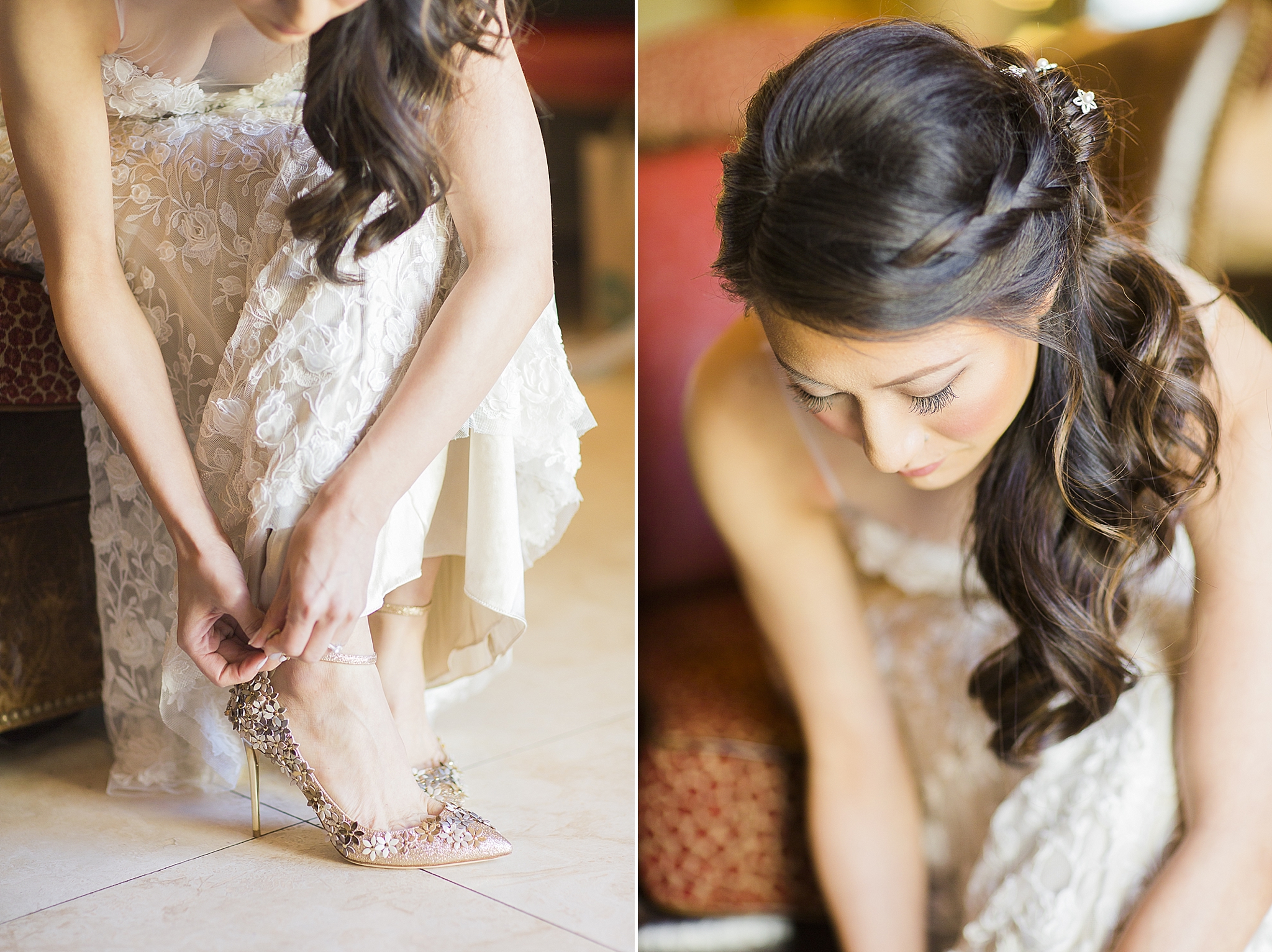 bride putting on jimmy choo lorelai wedding shoes