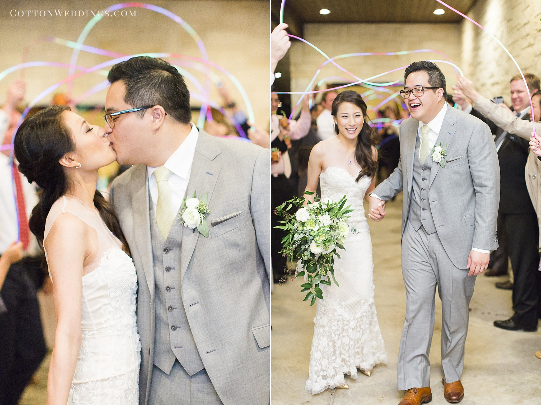 happy couple kiss wedding exit with glow sticks