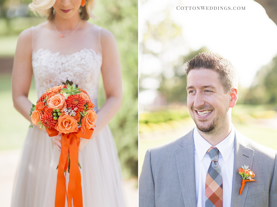 bride groom orange bouquet