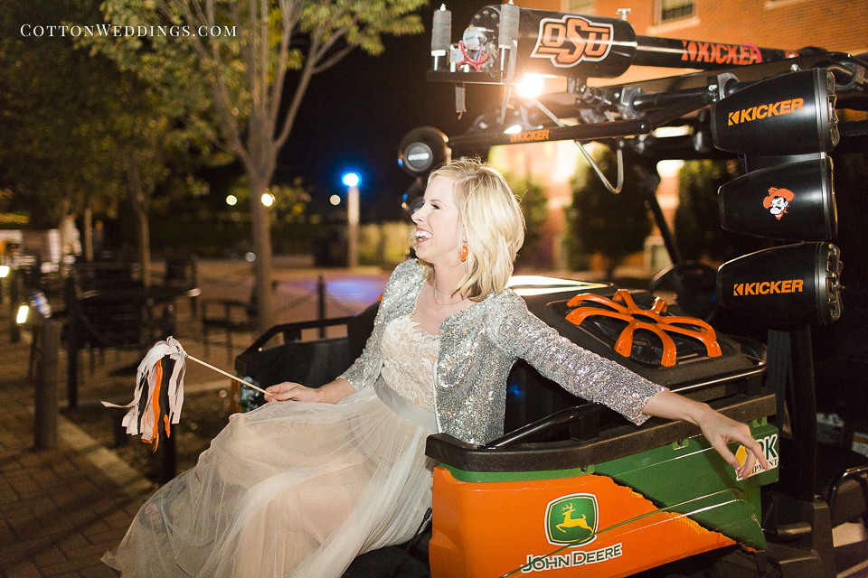 bride laughing in golf cart