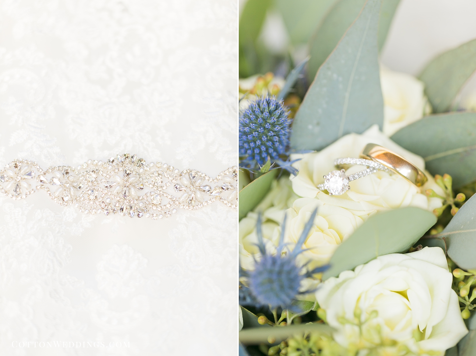 wedding dress detail wedding rings in bouquet