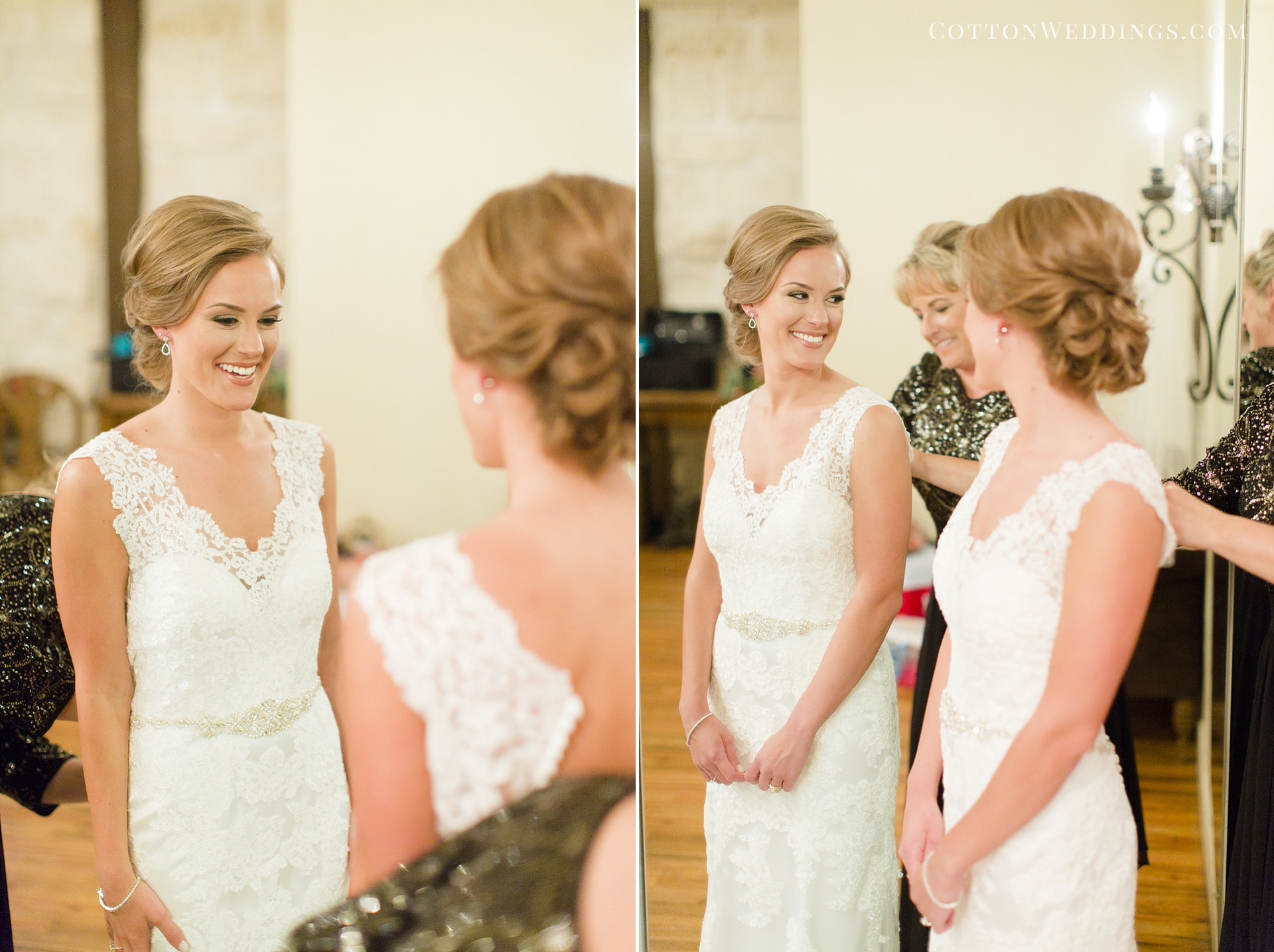 bride putting on dress in mirror