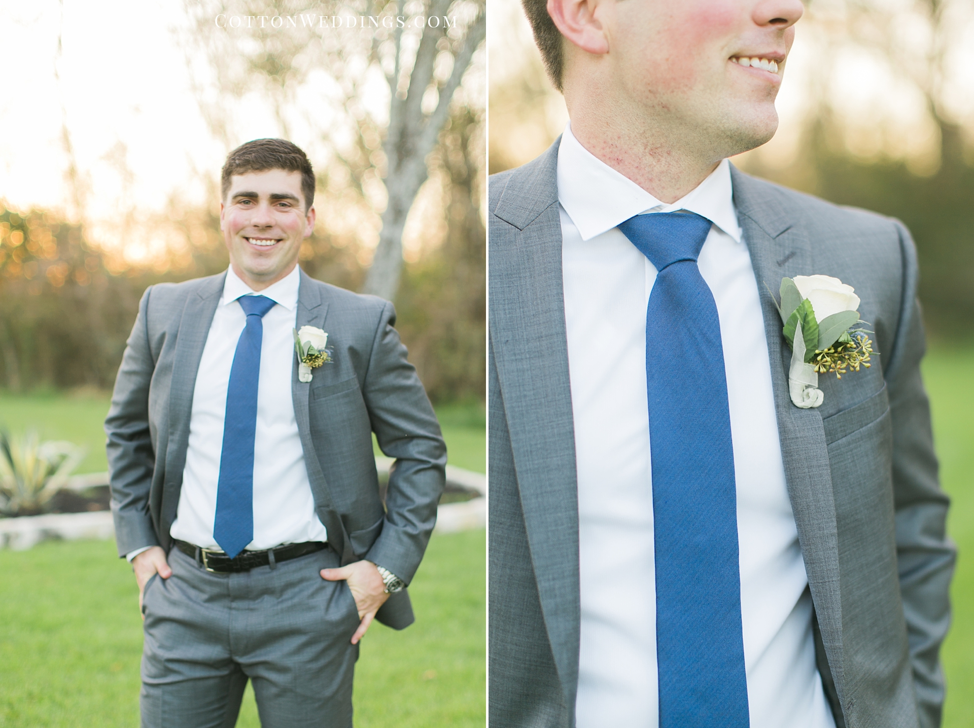 groom in grey suit blue tie