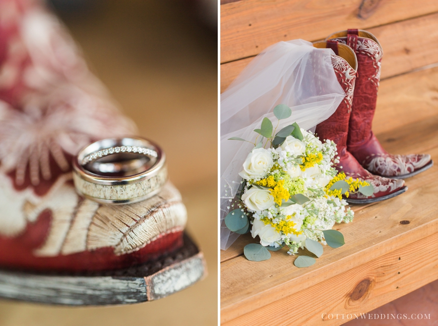bouquet with boots wedding rings