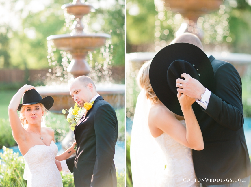 silly bride and groom with cowboy hat