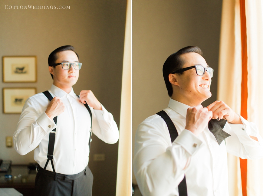 groom with suspenders and bowtie