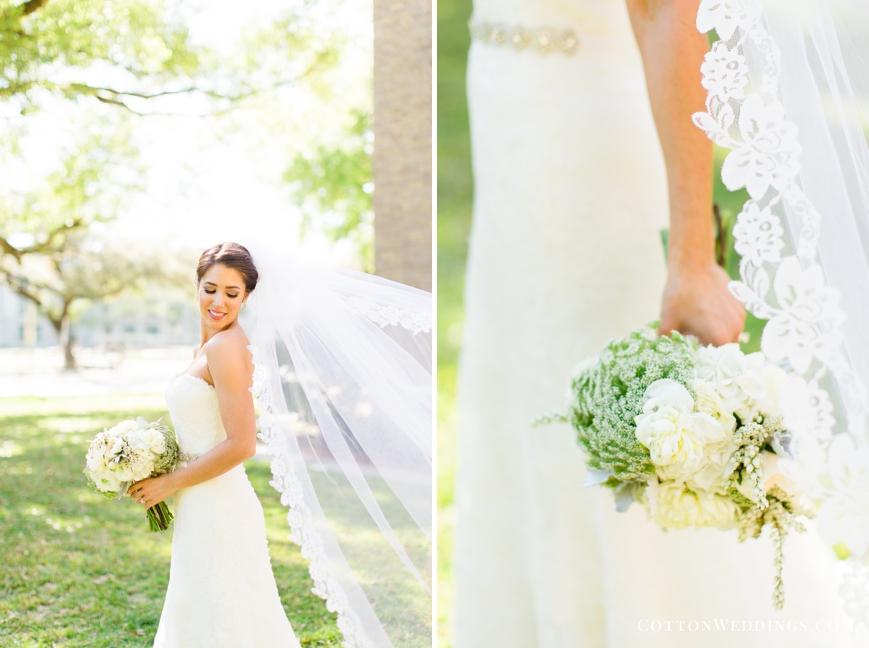 bride with cathedral veil simple floral bouquet