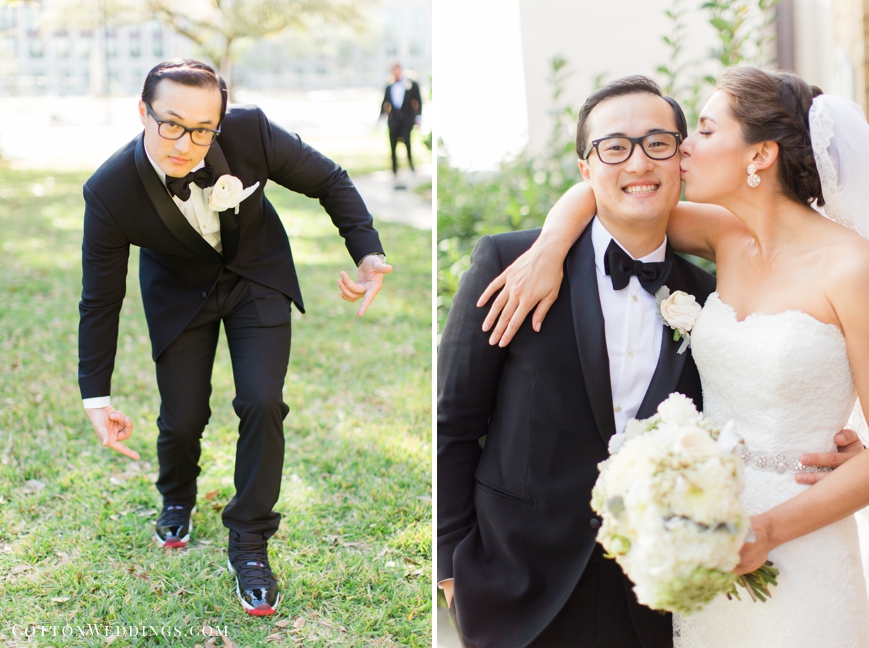 groom pointing at shoes bride kissing on cheek