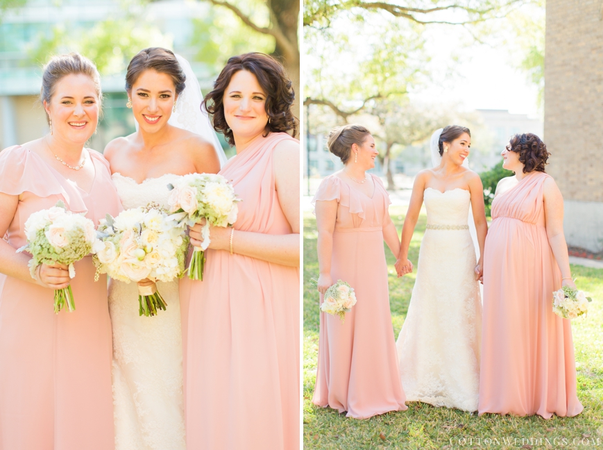bride with sisters blush dresses
