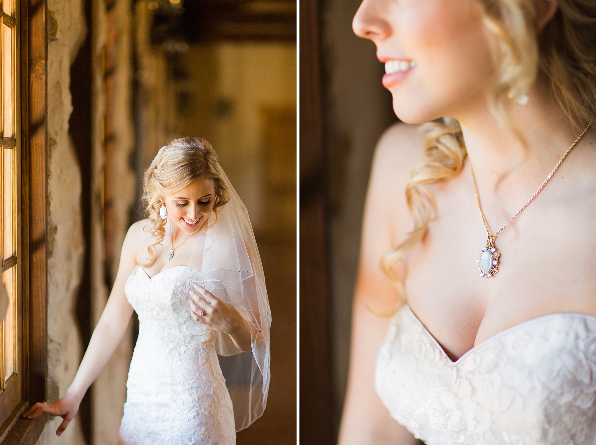bride standing at window bride wearing grandmother's opal necklace