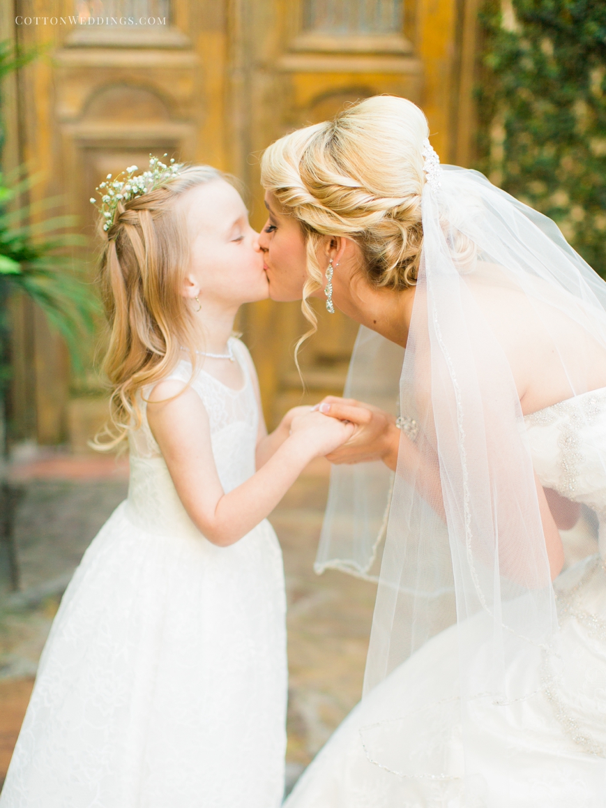 adorable flower girl kissing bride