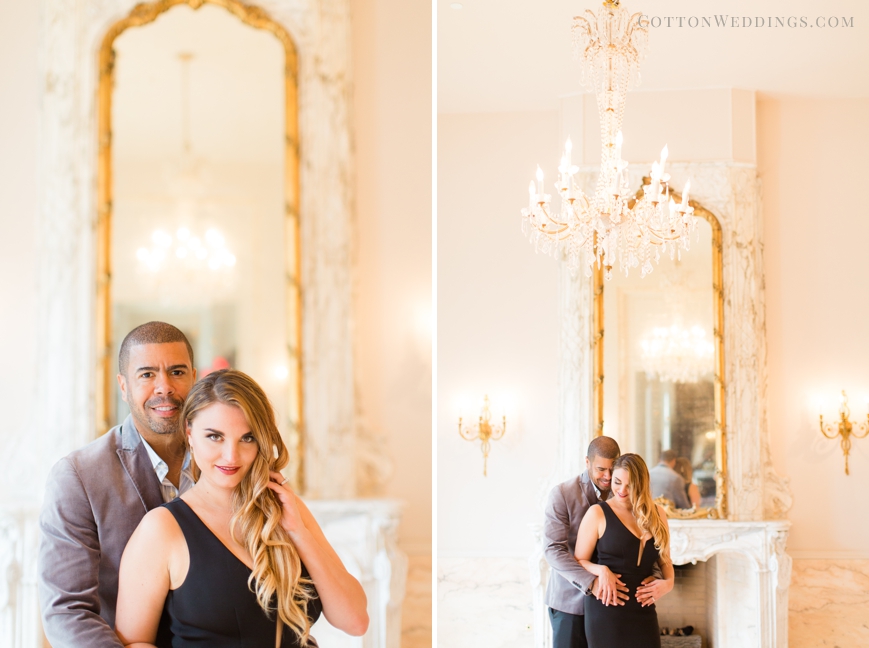 sweet engaged couple hugging chateau cocomar mirror room