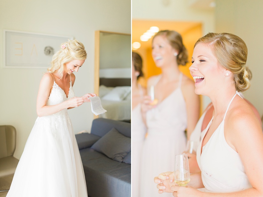bride and bridesmaids laughing at groom's letter
