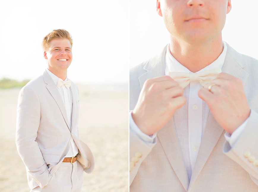 portrait of groom in tan suit beach wedding