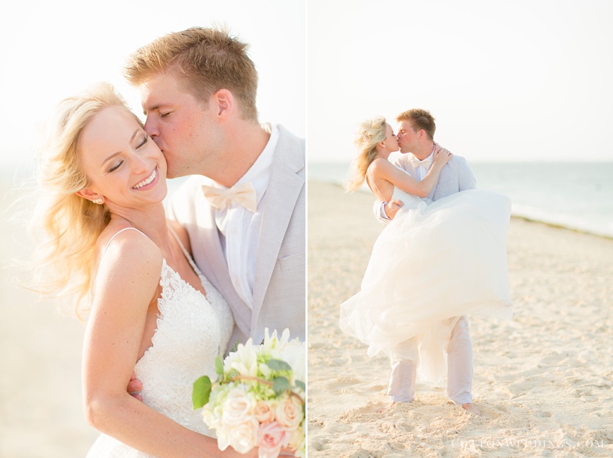 sunny portrait of bride and groom on the beach