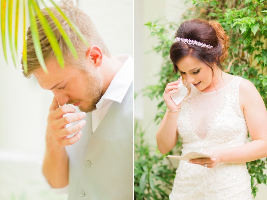 bride and groom crying reading letters