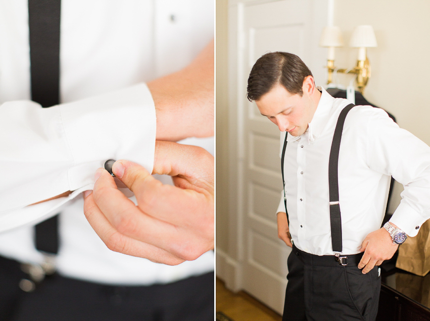 classic black and white tux groom getting dressed