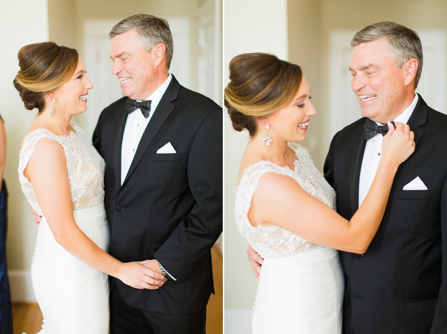 sweet photo of bride helping father with bowtie