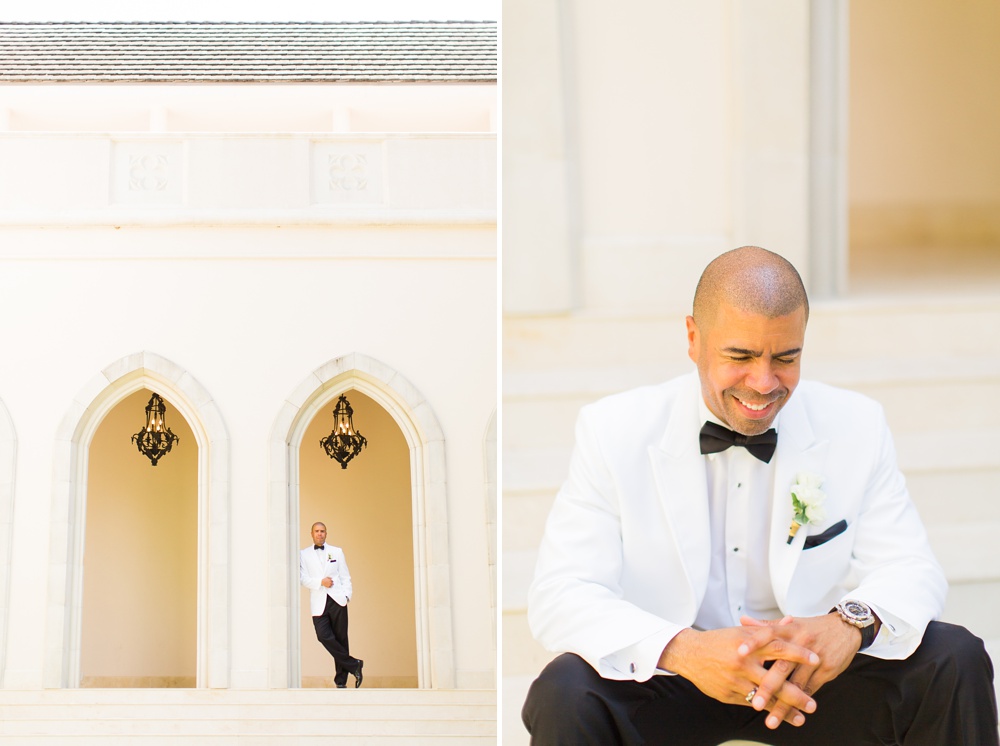 groom in white tux chateau cocomar