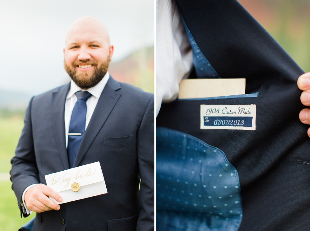 groom vows in blue suit