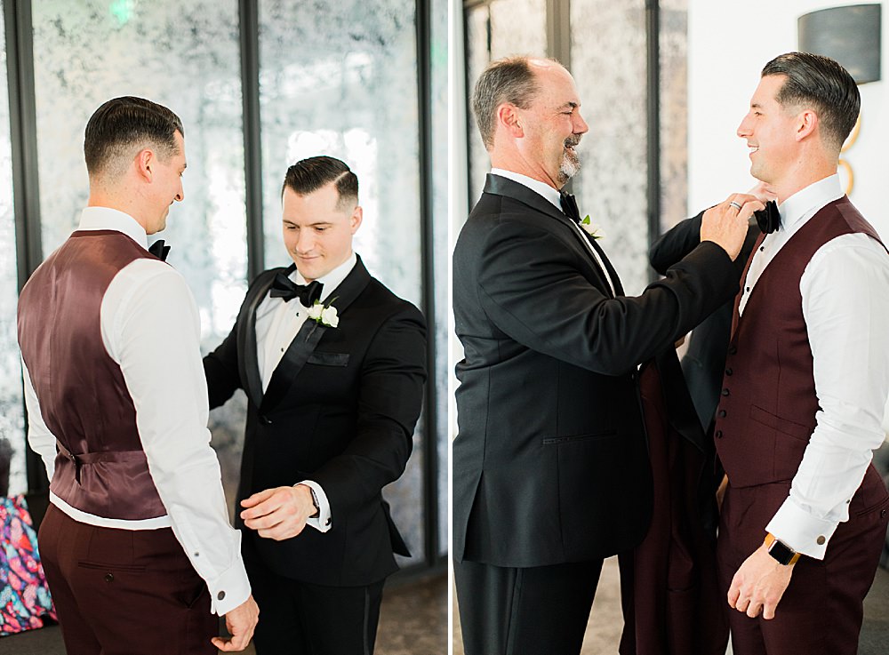 father and groom getting ready