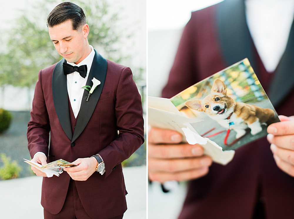 groom opening card from bride