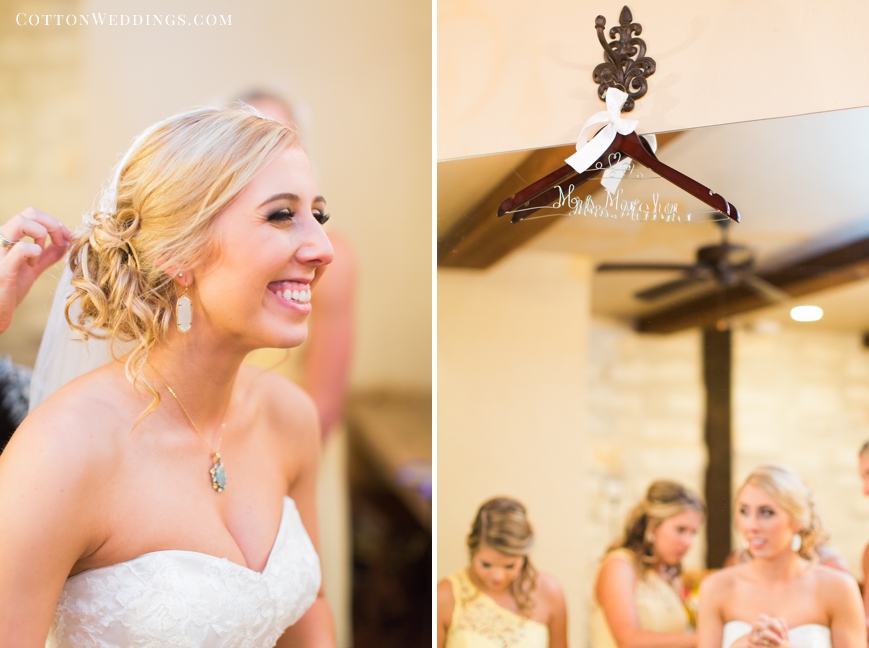 bride putting on dress custom dress hanger