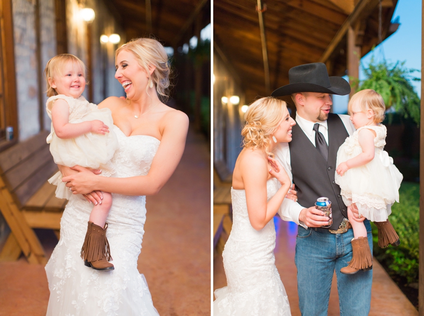 bride and groom with cute flower girl