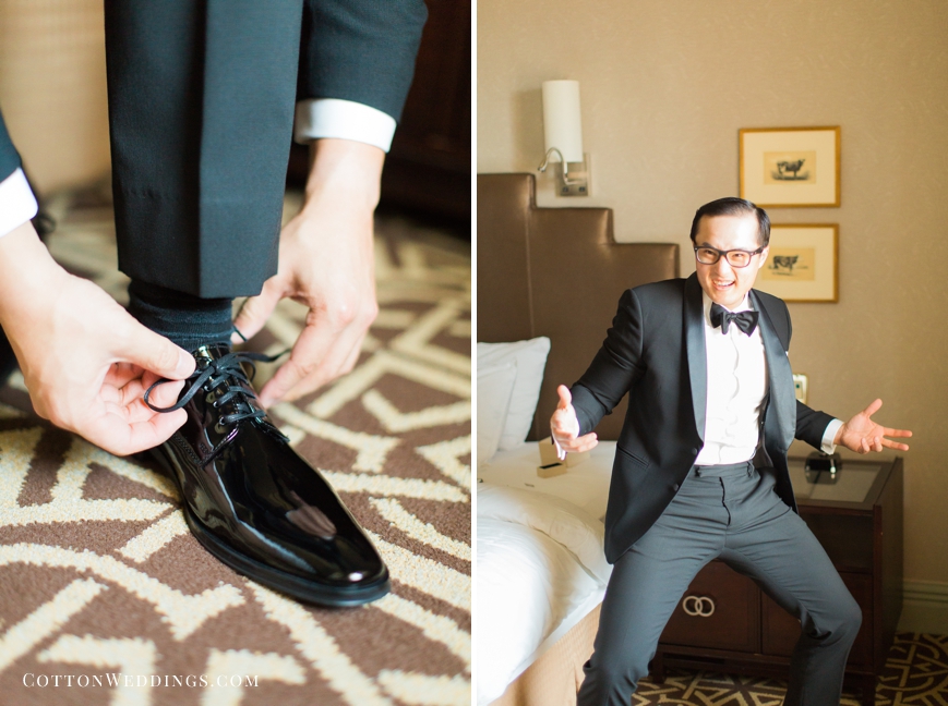 silly groom getting dressed