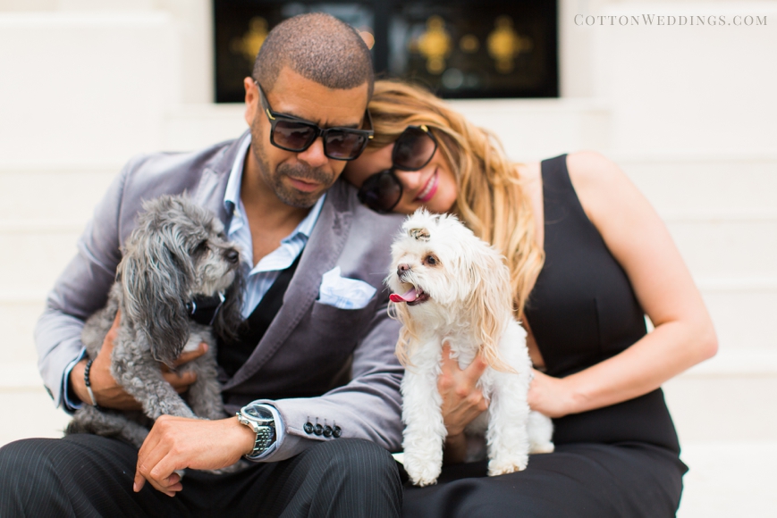 glamorous couple with cute dogs