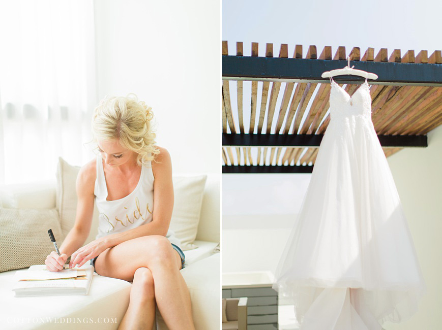 bride writing letter to groom, wedding dress hanging