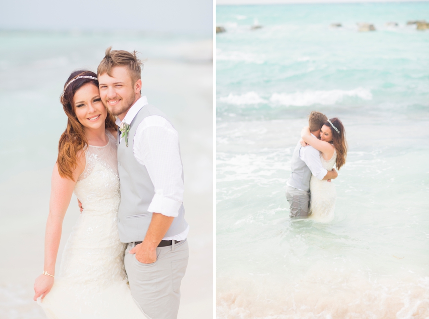 cancun destination wedding bride and groom in ocean