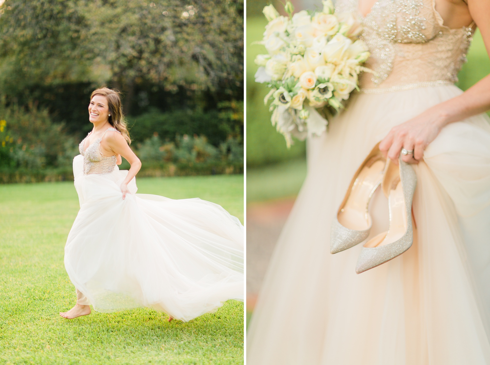 bride running in her glamorous bridal gown