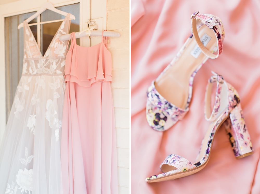 unique wedding dress and floral shoes